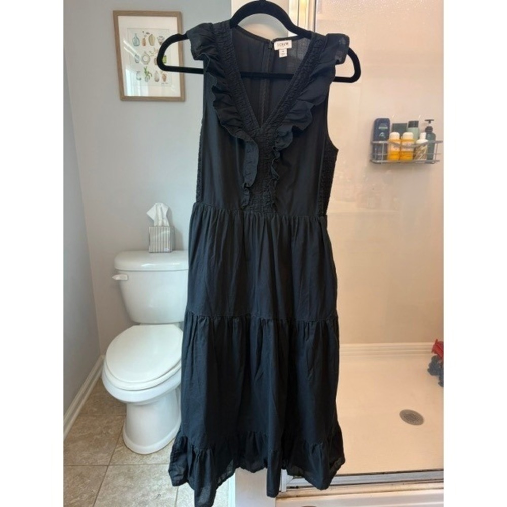 J.Crew Black Ruffle Trim Tiered Midi Dress Women's Size 4 100% Cotton Sleeveless